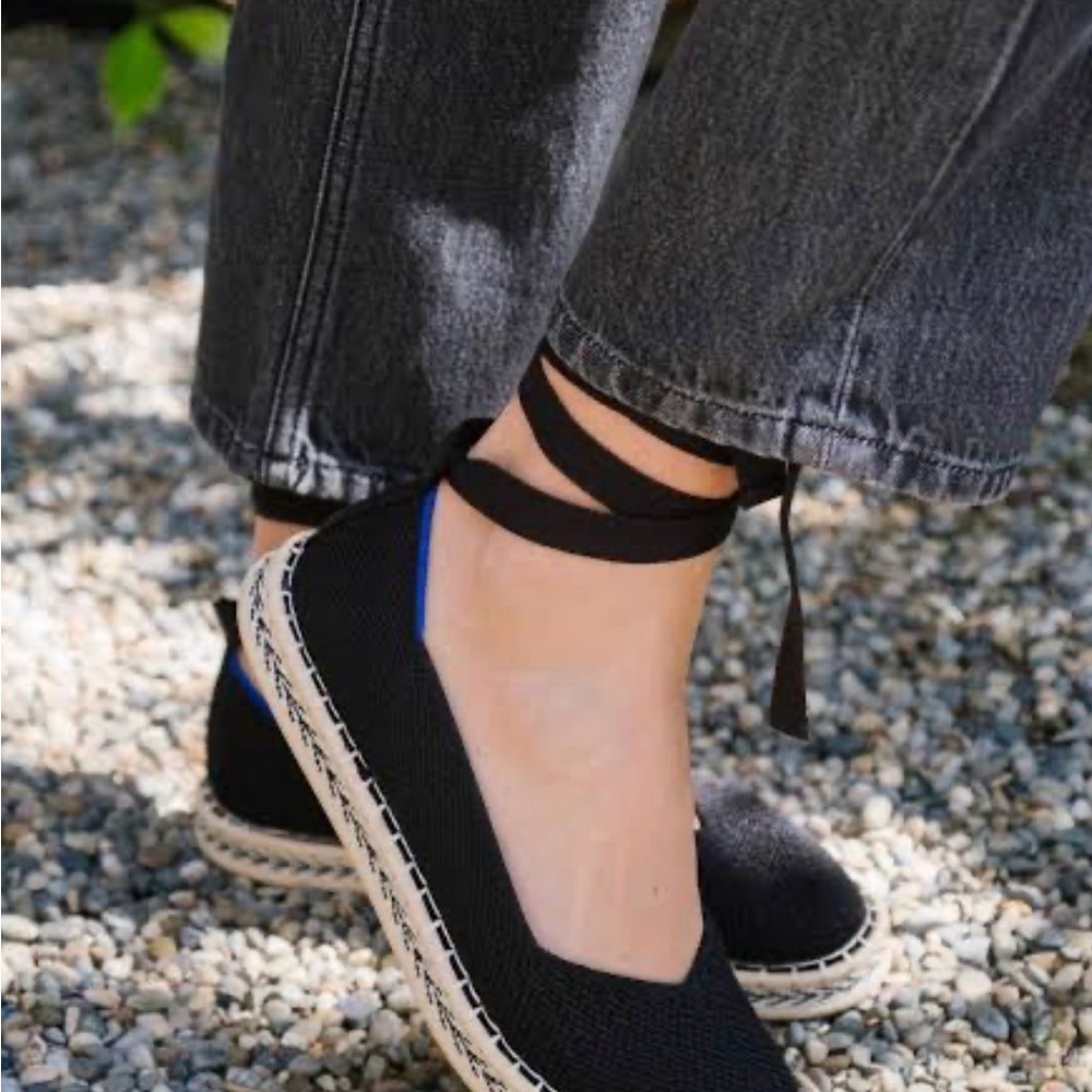 Rothy's Black Espadrille Ballet Flats with Blue Accent and Ankle Tie